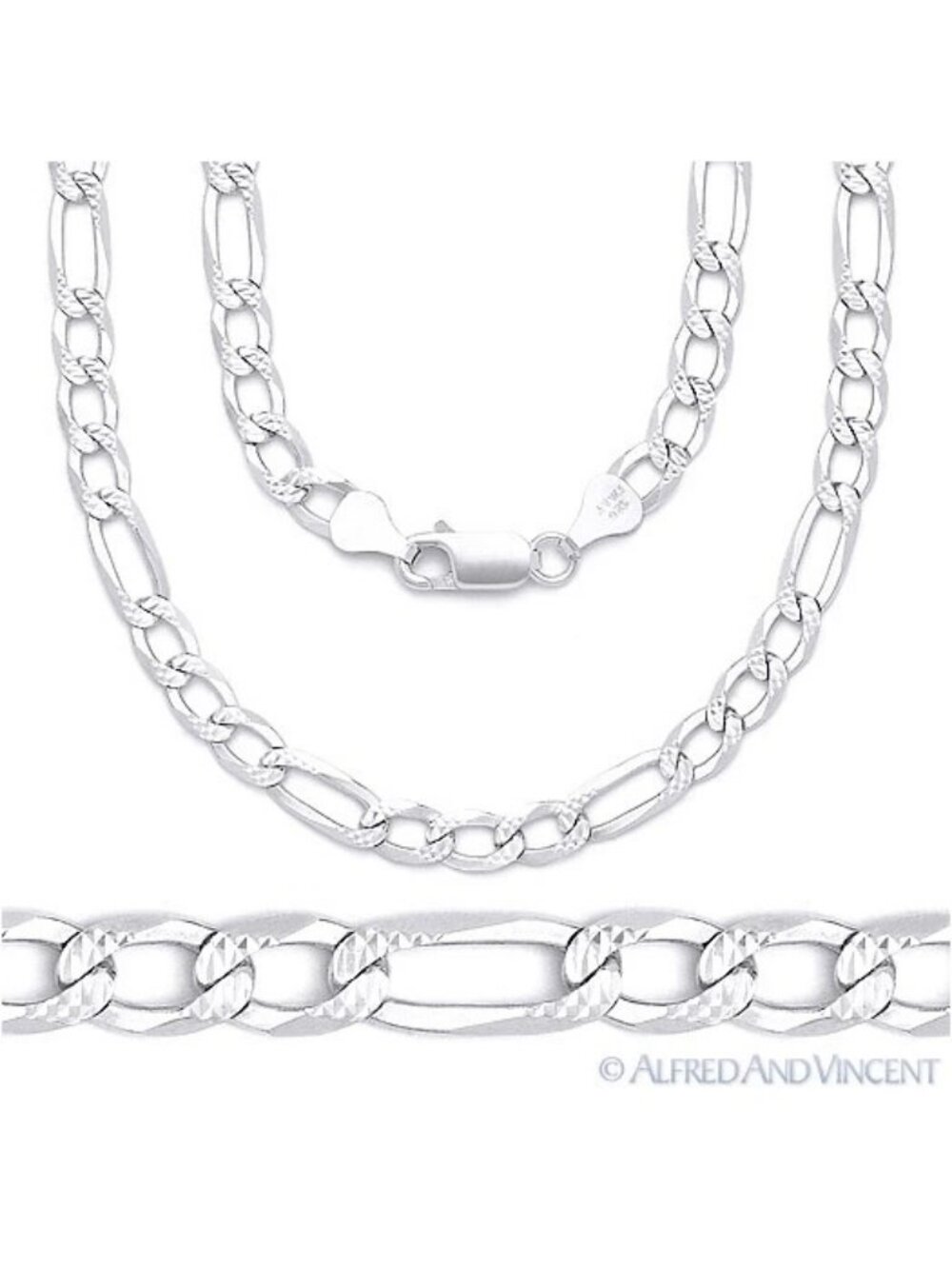 6mm Figaro / Figaroa D-Cut Pave Link Chain Necklace in .925 Sterling Silver 22"